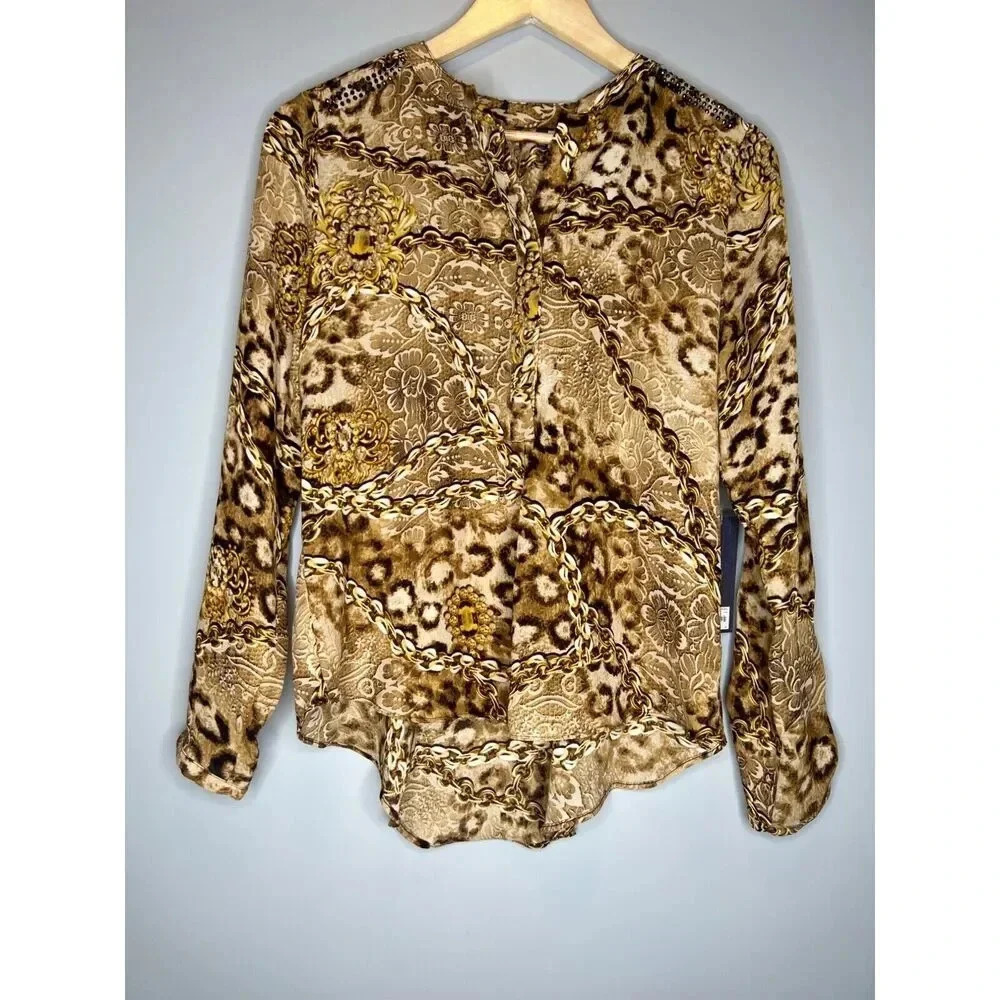 Jennifer Lopez JLO button down blouse top leopard rhinestone brown size Small